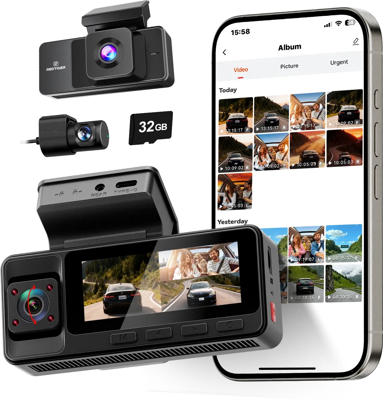 A3 3 Channel WiFi Dash Cam Front and Rear Inside with 32G SD Card( No
